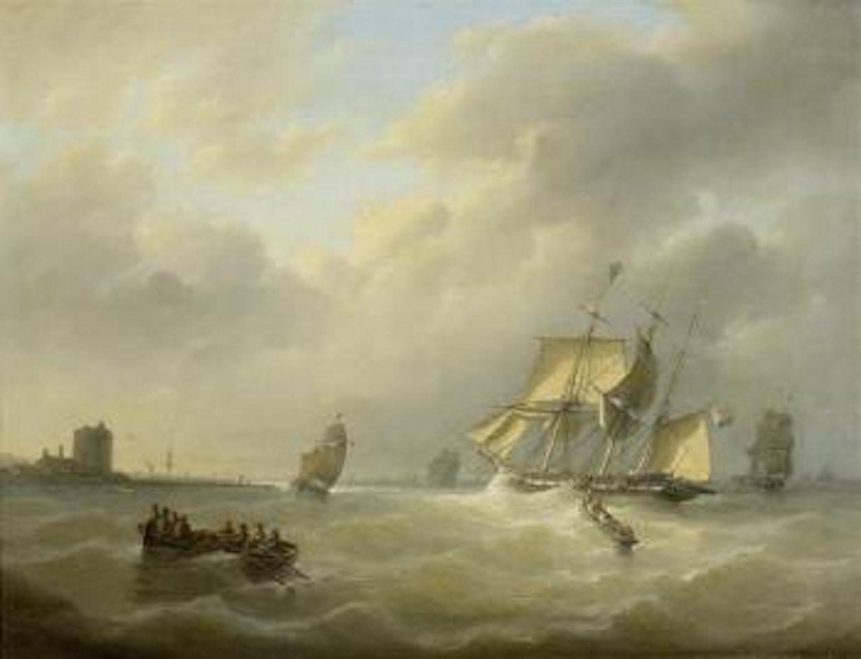 Dreimaster mit Ruderbooten bei stürmischer See by Christian Cornelis Kannemans