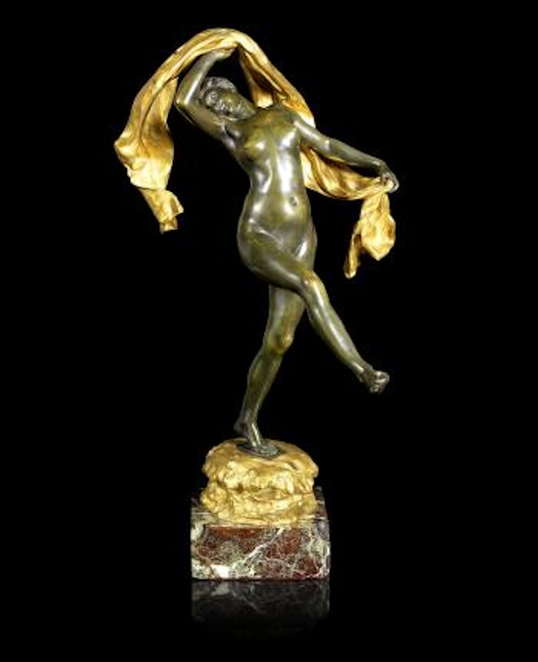 The Scarf Dancer, a Patinated and Gilded Bronze Study by Louis-Ernest Barrias