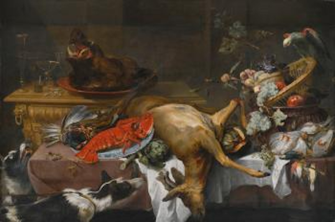 Still Life With Game, a Lobster And Fruit Laid On a Table, a Parrot And Two Greyhounds by Frans Snyders