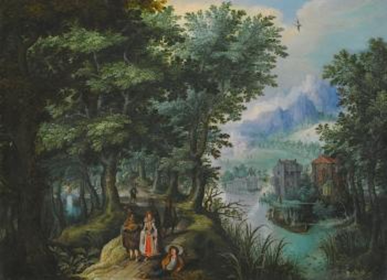 A River Landscape With Elegant Figures On a Path, a Village On The Far Bank by Anton Mirou