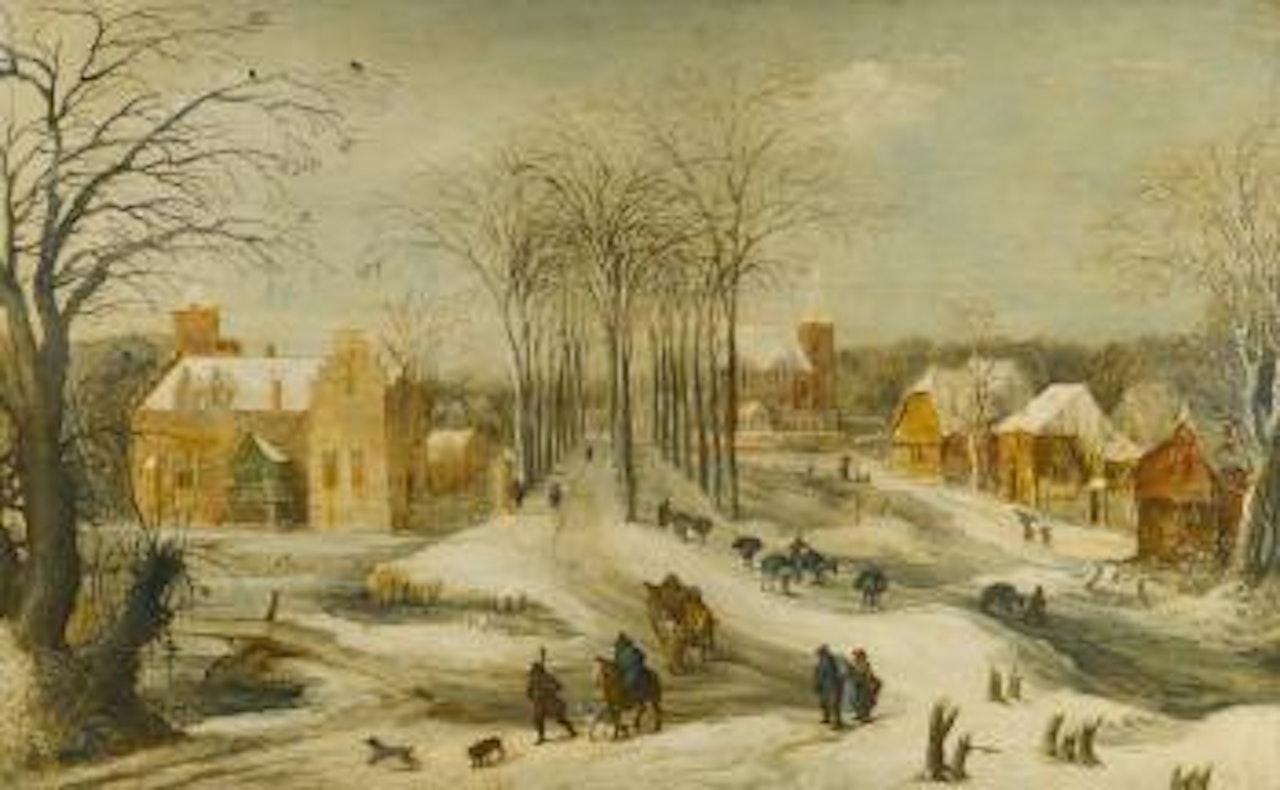 Winter Landscape With Travellers Passing Through An Avenue Of Trees by Joos de Momper the Younger