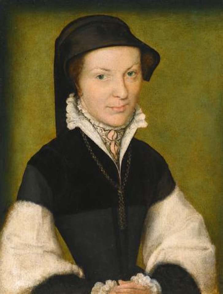 Portrait Of a Lady, Said To Be Marie De Batarny, Half Length, Wearing Black With White Sleeves And a Black Bonnet by Corneille de Lyon