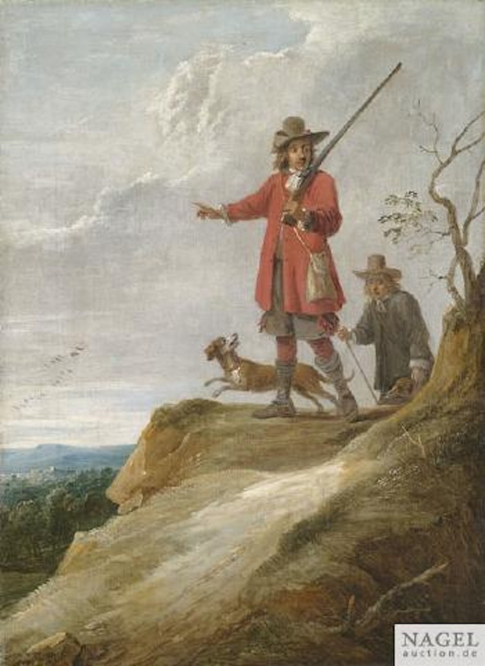 Ein Jäger mit seinem Gehilfen auf dem Weg zur Jagd erscheint auf einer Anhöhe by David Teniers II
