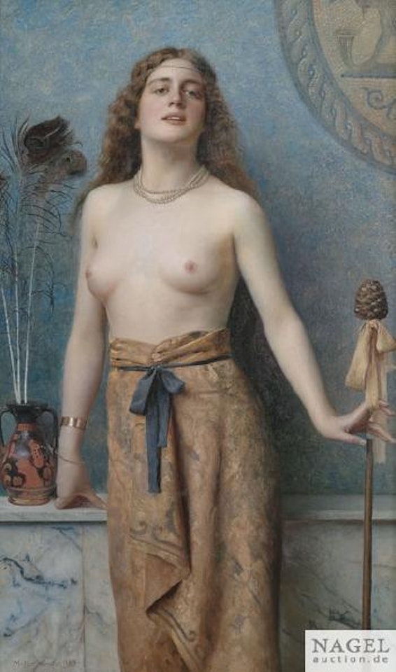 Junge Bacchantin mit Thyrsosstab vor einer Marmorbrüstung auf der eine rotfigurige Vase mit Pfauenfedern steht by Max Nonnenbruch