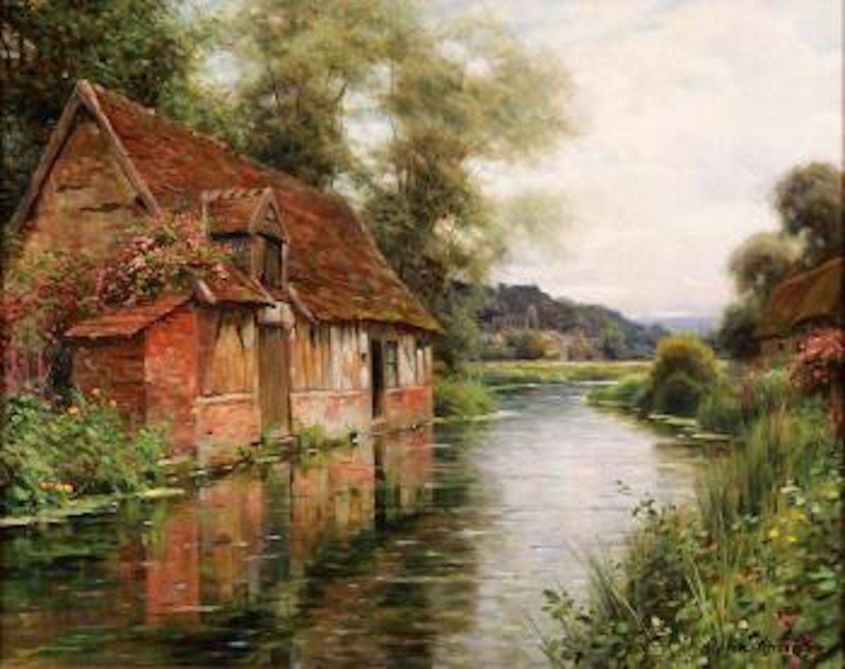 A riverside cottage in spring by Louis Aston Knight