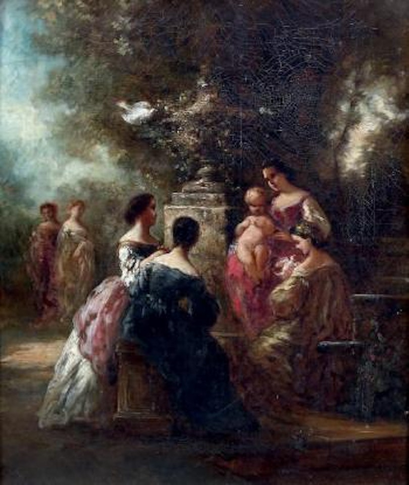Scène de parc: élégantes, enfant et colombe by Adolphe Monticelli