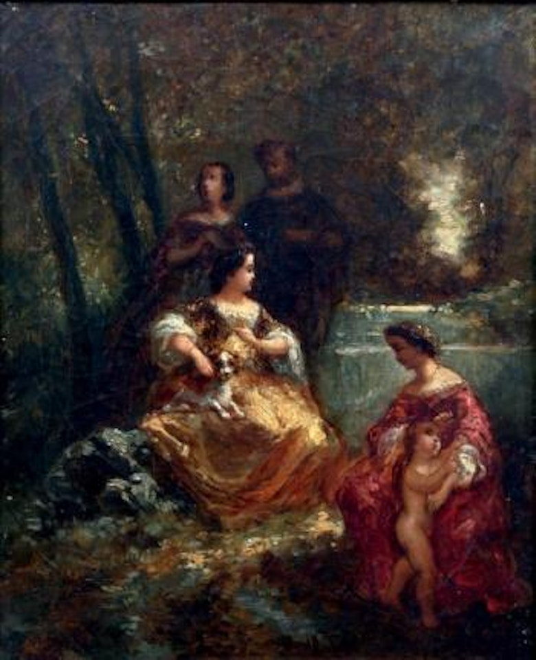Scène de parc: élégantes, enfant et petit chien by Adolphe Monticelli