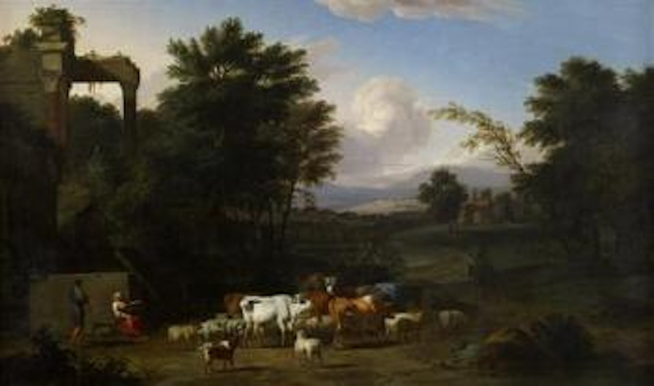 Arcadian Landscape With Shepherd And Herd by Roman School