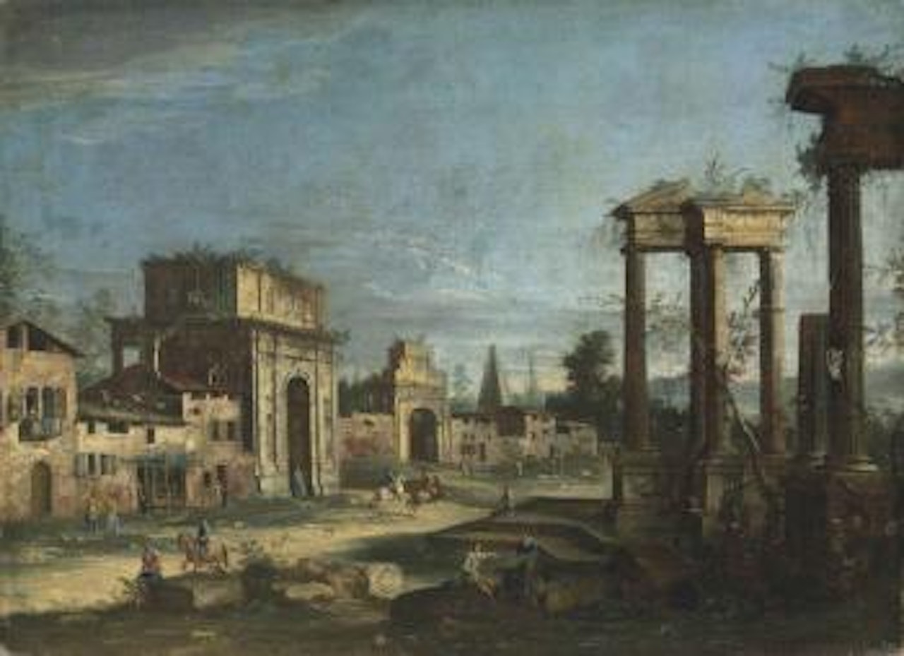 An Architectural Capriccio With Roman Ruins, With Figures Conversing In The Foreground by Apollonio Domenichini