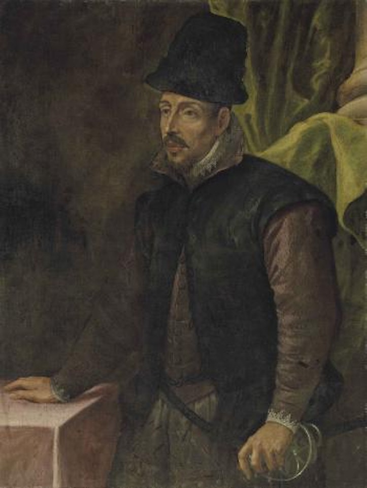 Portrait of a man, three-quarter-length, in a mauve doublet, lace cuffs and collar, and a black hat by Leandro Bassano