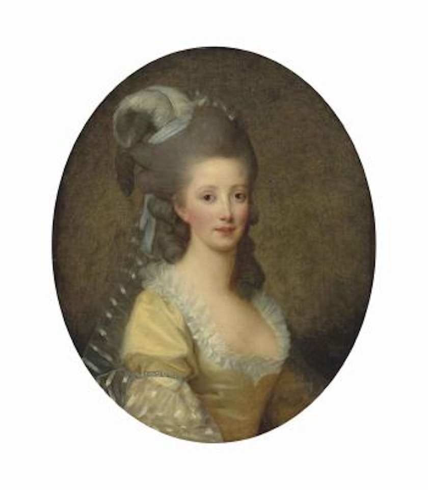 Portrait Of A Woman, Half-length, In A Yellow Dress And White Collar, With A Plumed Headdress by Marie Louise Elisabeth Vigee-Lebrun