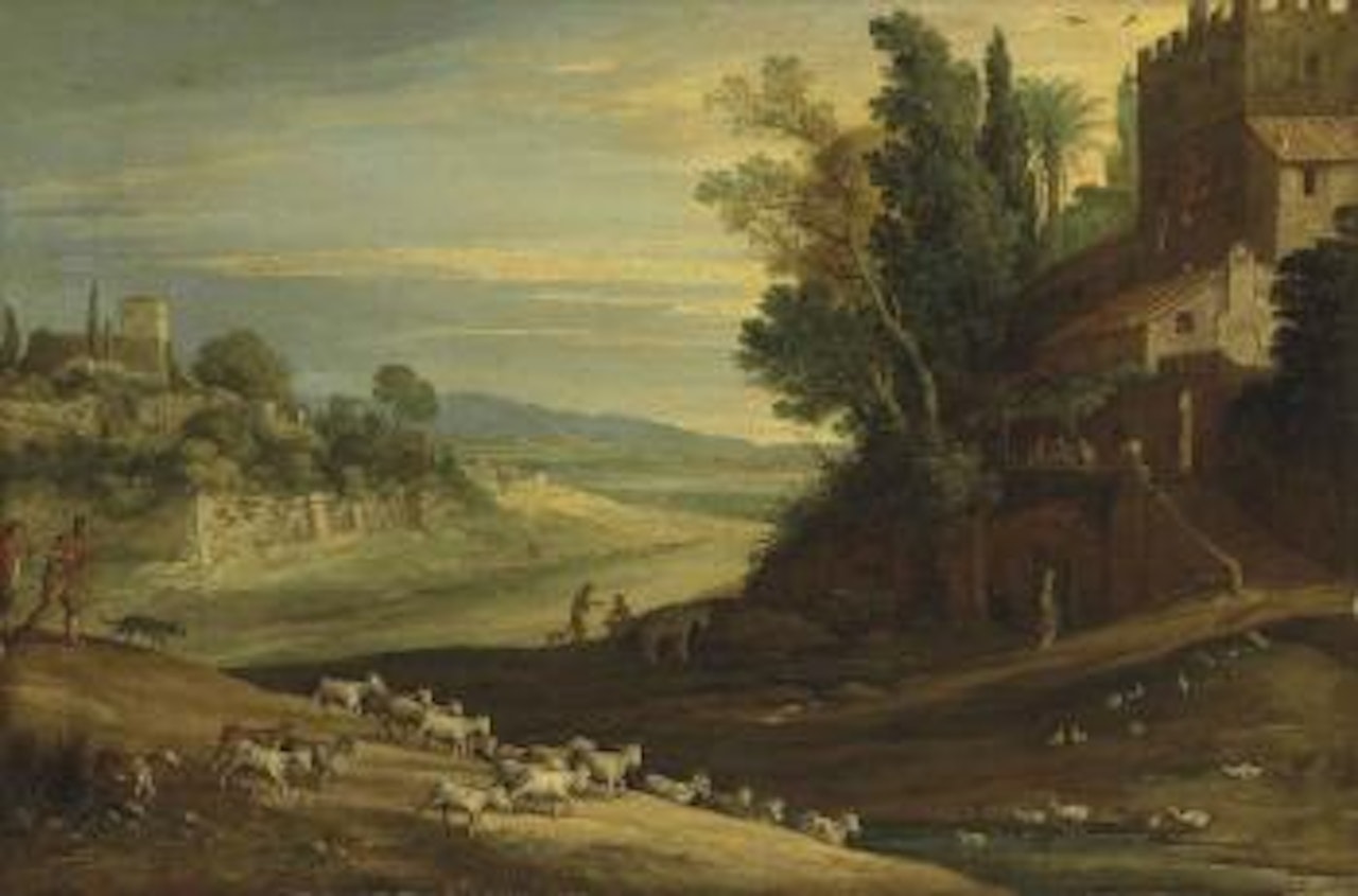 An extensive Italianate landscape with shepherds watering their flocks by a stream, with Jesus and two Disciples at Emmaus by Paul Bril