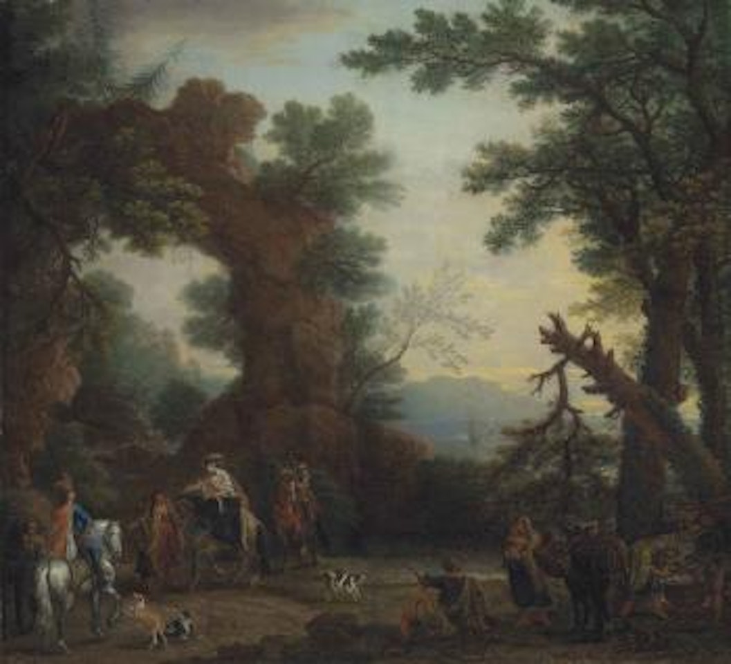 A Wooded Coastal Landscape With A Party Of Elegantly Dressed Figures On Horseback On A Path Before A Natural Arch by John Wootton