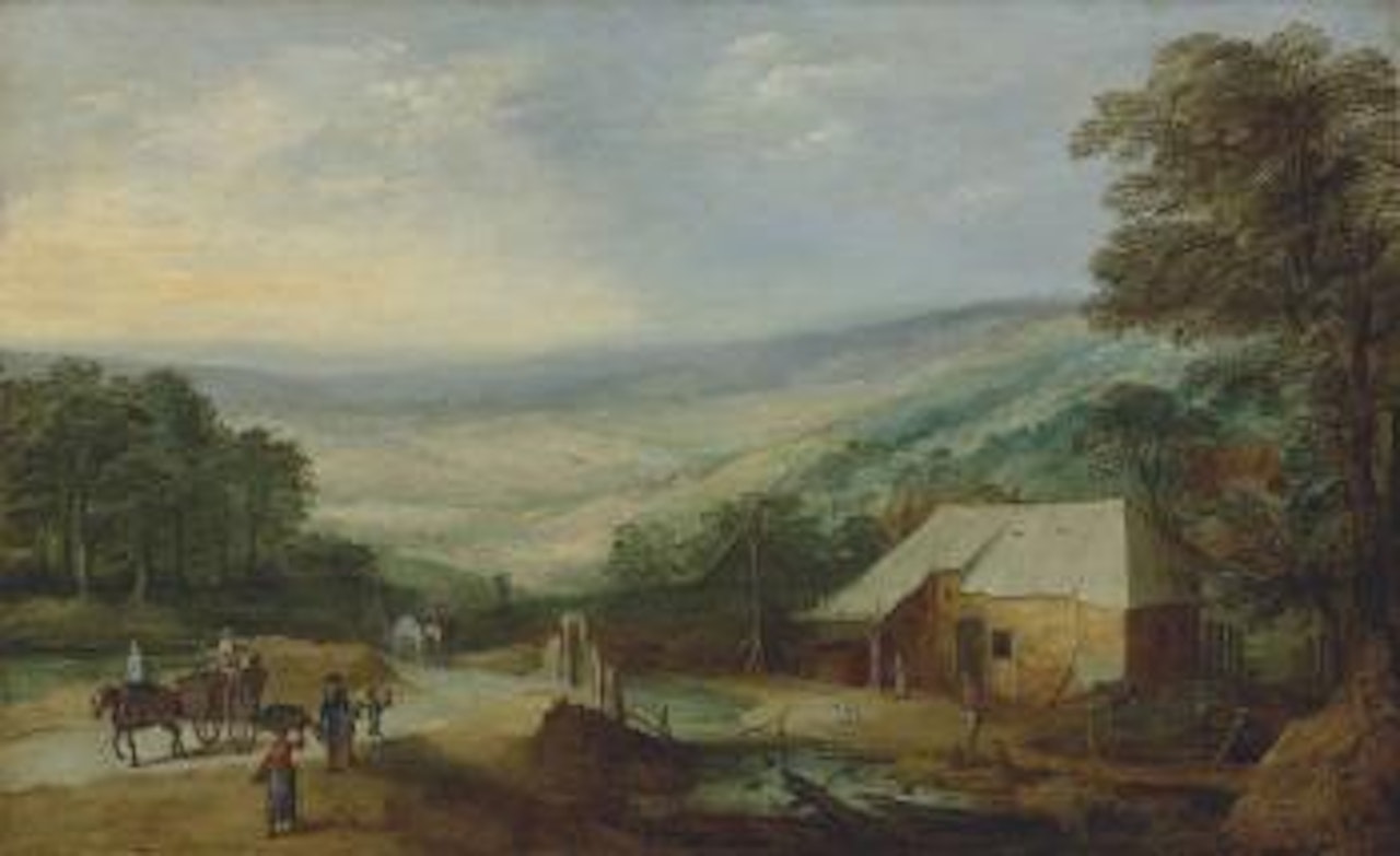 An extensive wooded landscape with figures and horse-drawn carts on a path in the foreground, a cottage and other buildings by a stream by Joos de Momper the Younger