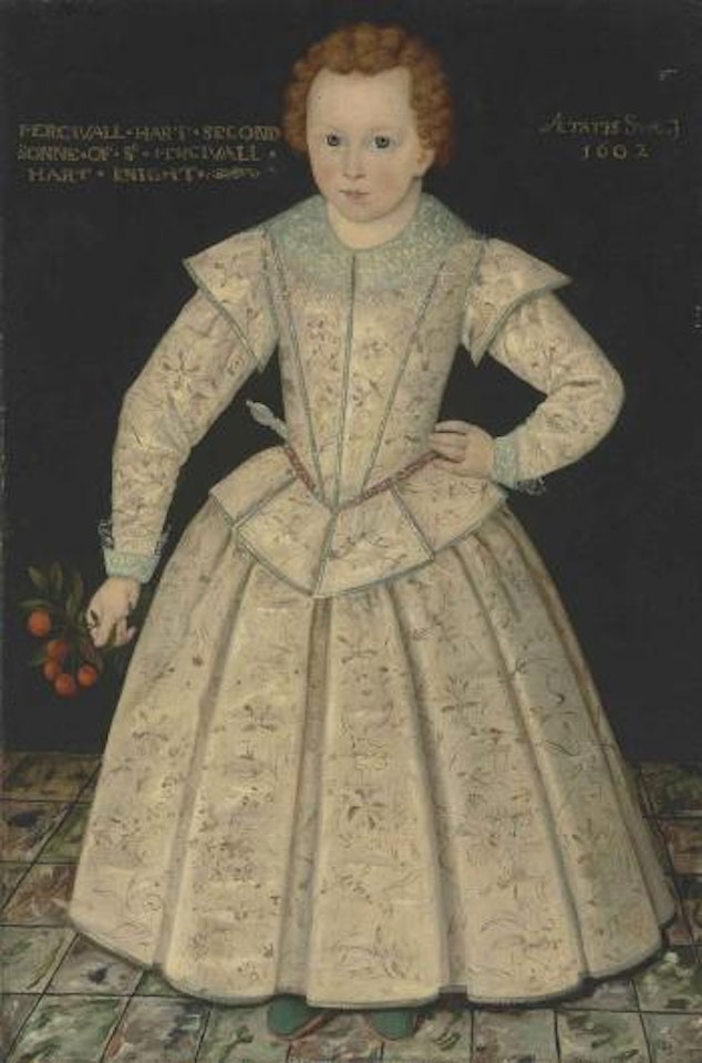 Portrait Of Percival Hart (1599-1616), Aged 3, Full-length, In An Embroidered White Dress With A Lace Collar And Cuffs by English School
