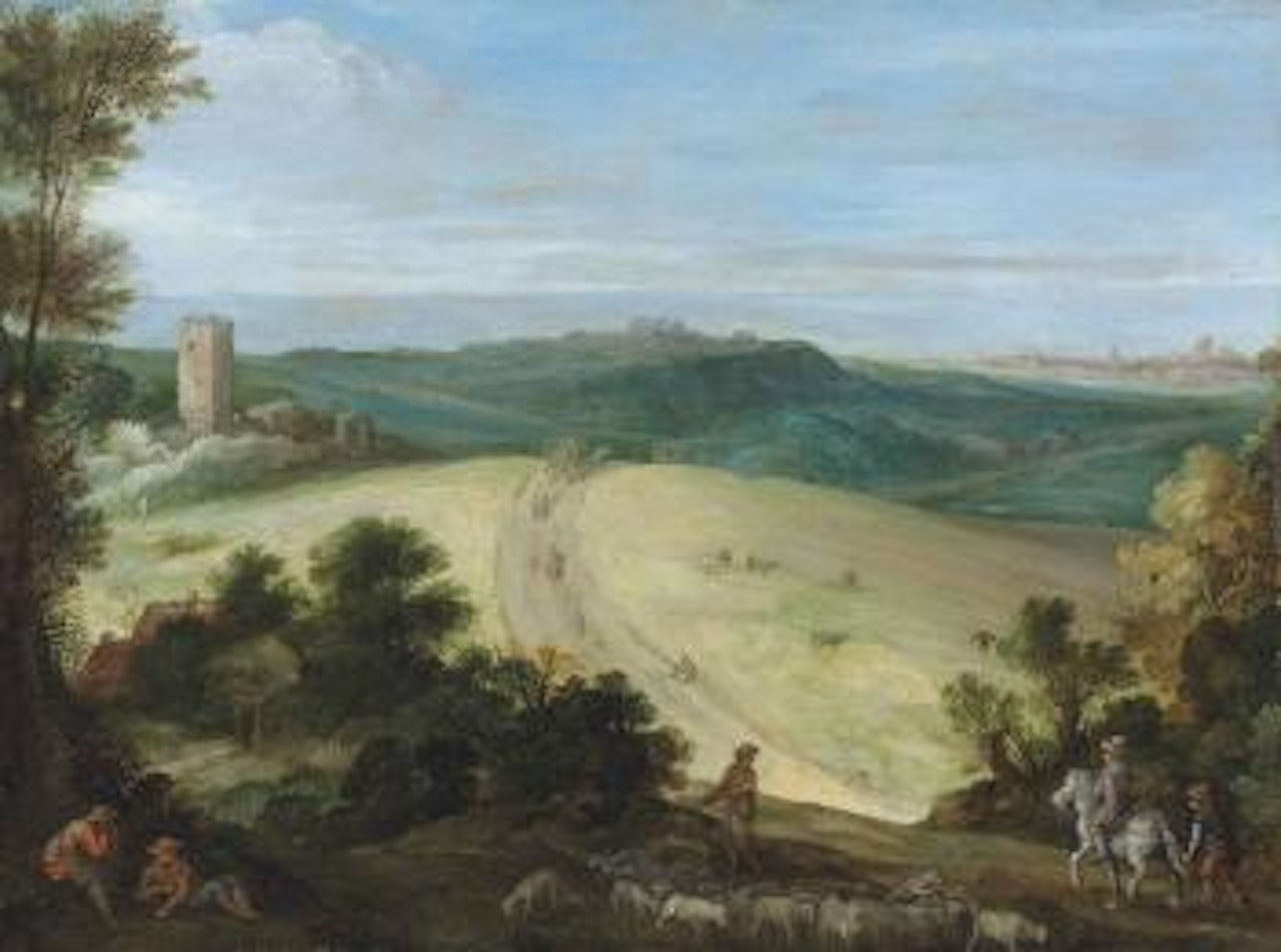 An extensive wooded landscape with a shepherd and his flock, a ruined tower and city beyond by Paul Bril