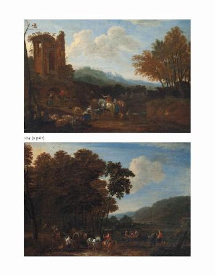A wooded landscape with shepherds resting with their flock by a ruined temple; A wooded river landscape with a horse-drawn timber cart and figures carrying logs by Adriaen Frans Boudewyns by Pieter Bout