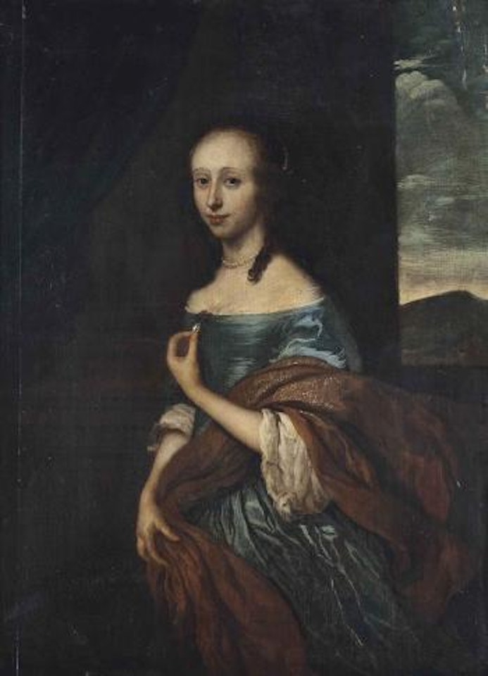 Portrait of a woman, three-quarter-length, in a blue dress and ochre wrap, beside a column, a landscape beyond by Jacob van Loo