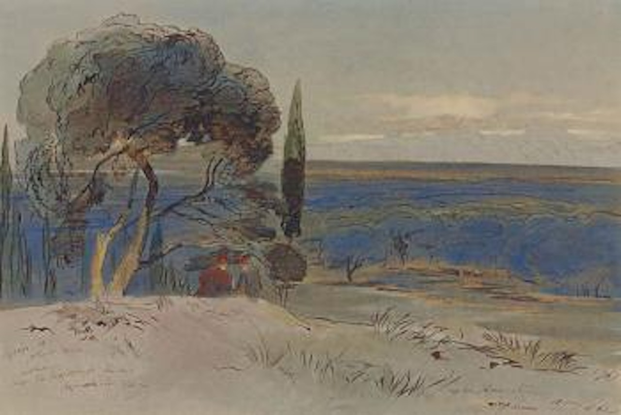 A landscape in Corfu with two figures sitting on a hillside by Edward Lear
