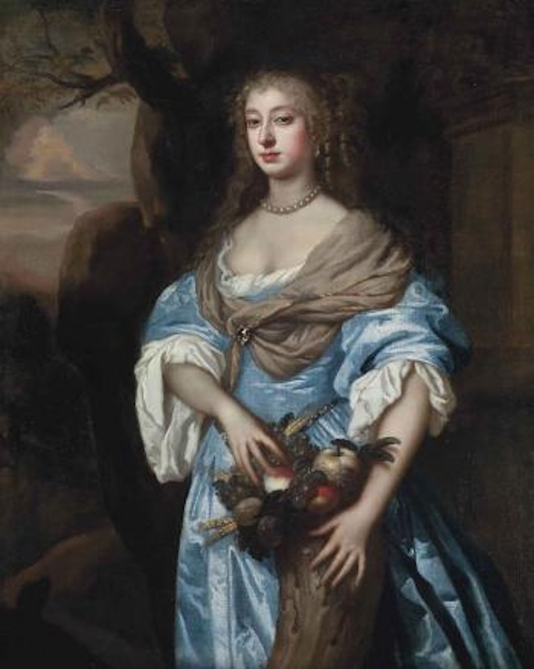 Portrait of a lady of the Alington family, three-quarter-length, in a blue dress and grey wrap fastened with a brooch by Sir Peter Lely