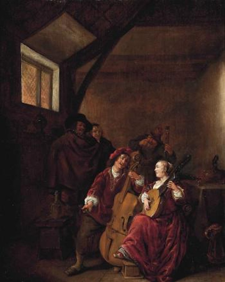 Elegant company making music and peasants drinking in an interior by Jan Miense Molenaer