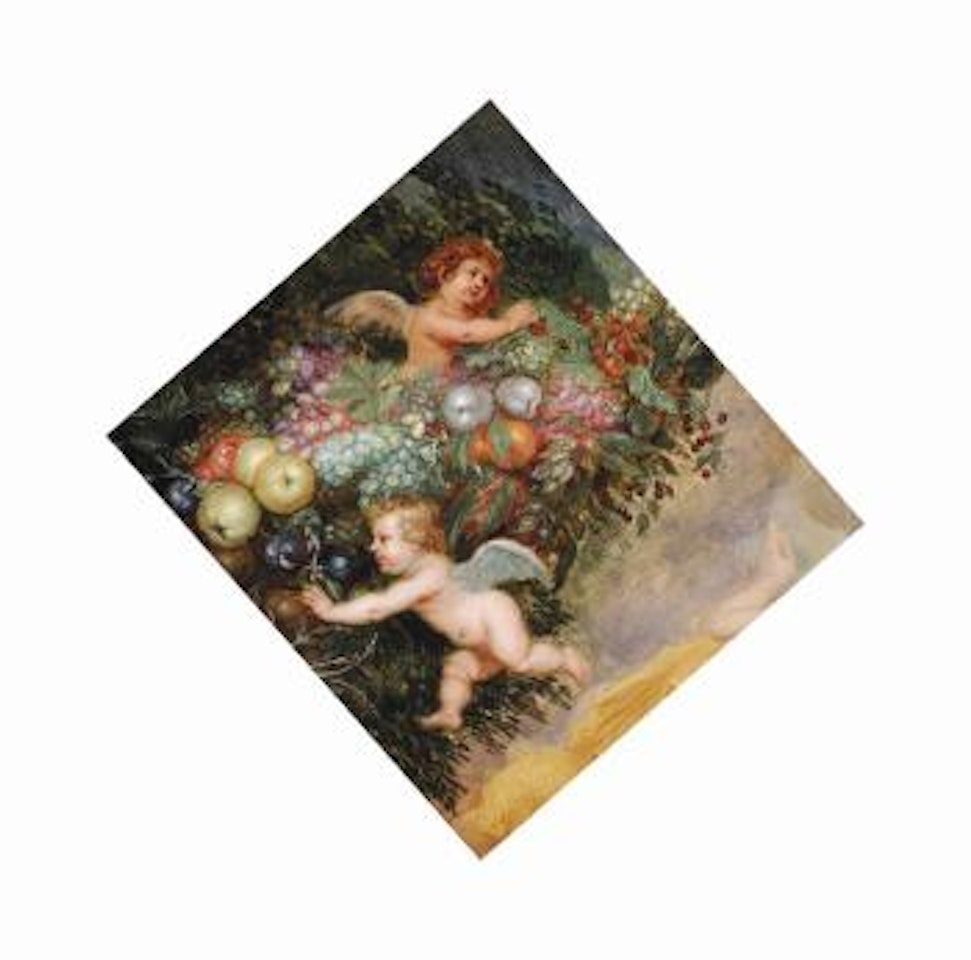 Two putti with a garland of grapes, quinces, apples, strawberries and other fruit: a fragment by Hendrik van Balen by Jan Brueghel the Younger