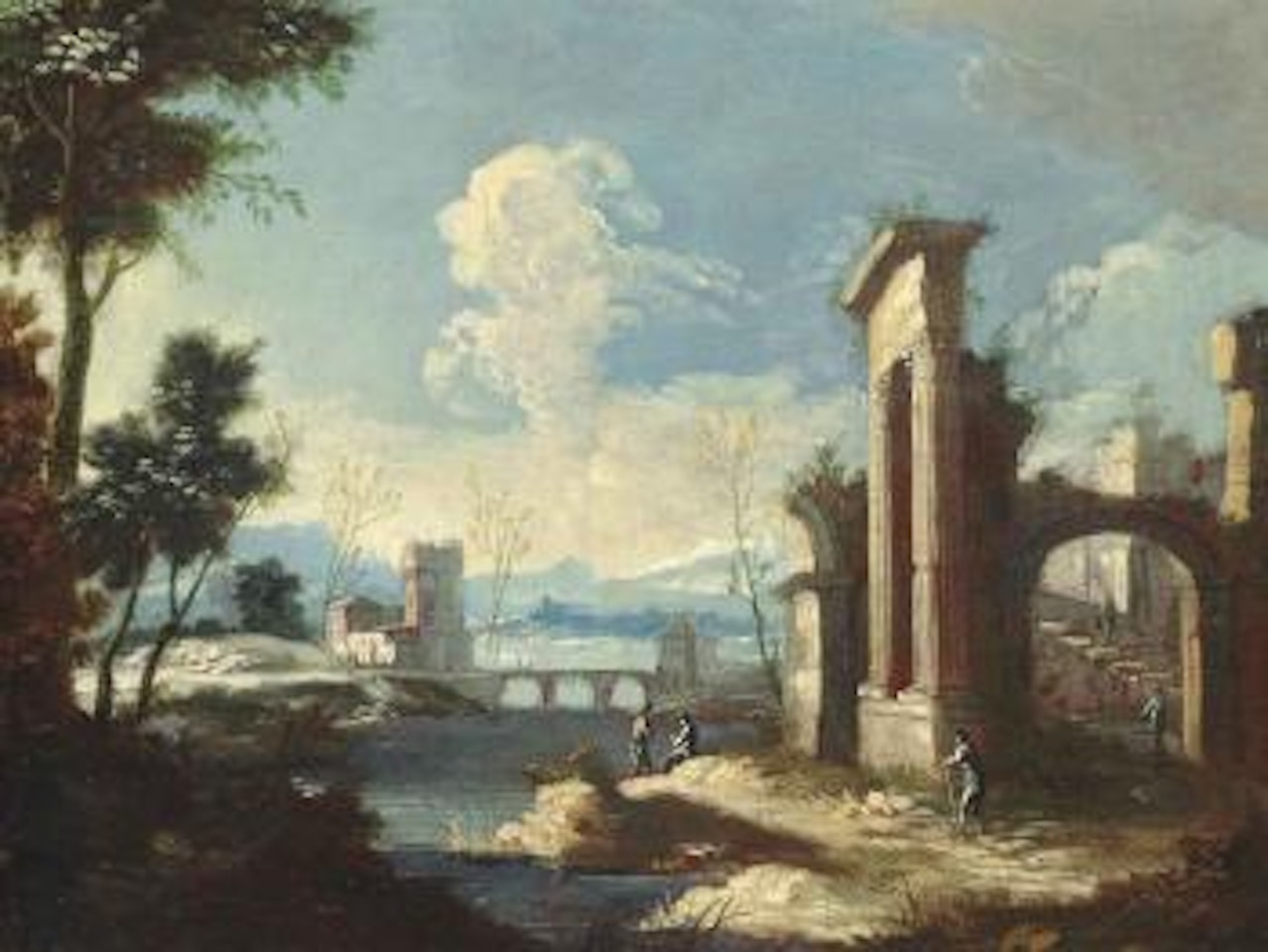 Anglers on a shore before classical ruins by Venetian School