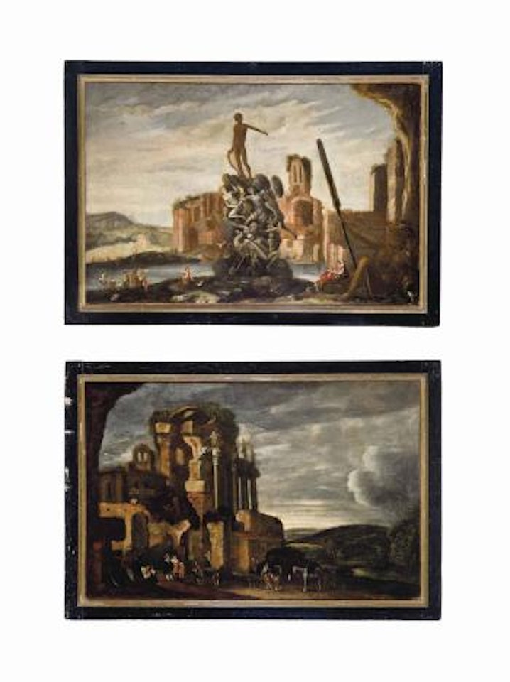 Elegant figures and peasants before a ruin in a landscape; and Artists and figures before a monumental sculpture, ruins beyond by Flemish School