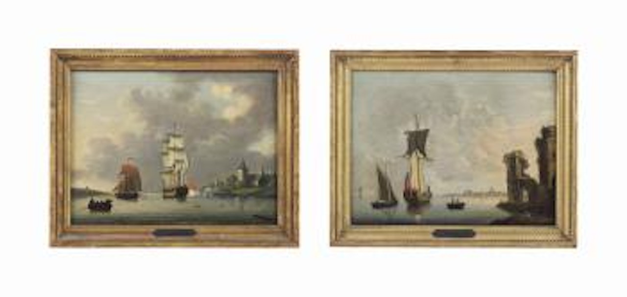 A flagship firing a salute; and An Admiralty yacht anchored near a port with classical ruins by Francis Swaine