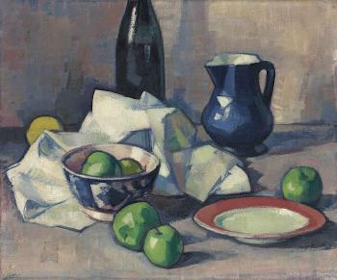 Black bottle, napkin and green apples by Samuel John Peploe