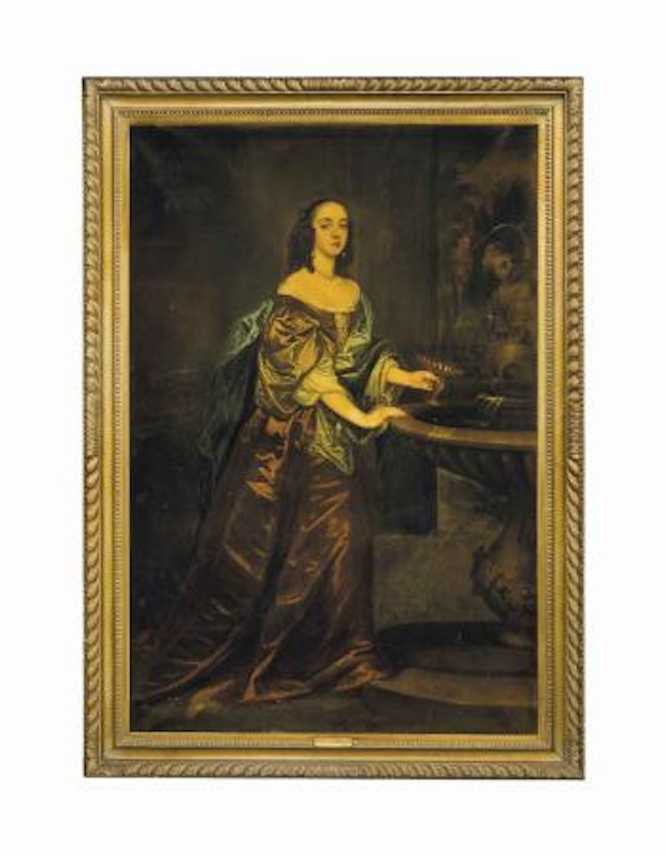 Portrait of a lady, standing full-length, in a brown dress with a blue wrap and a pearl choker, by an ornate fountain and an orange tree by Sir Peter Lely