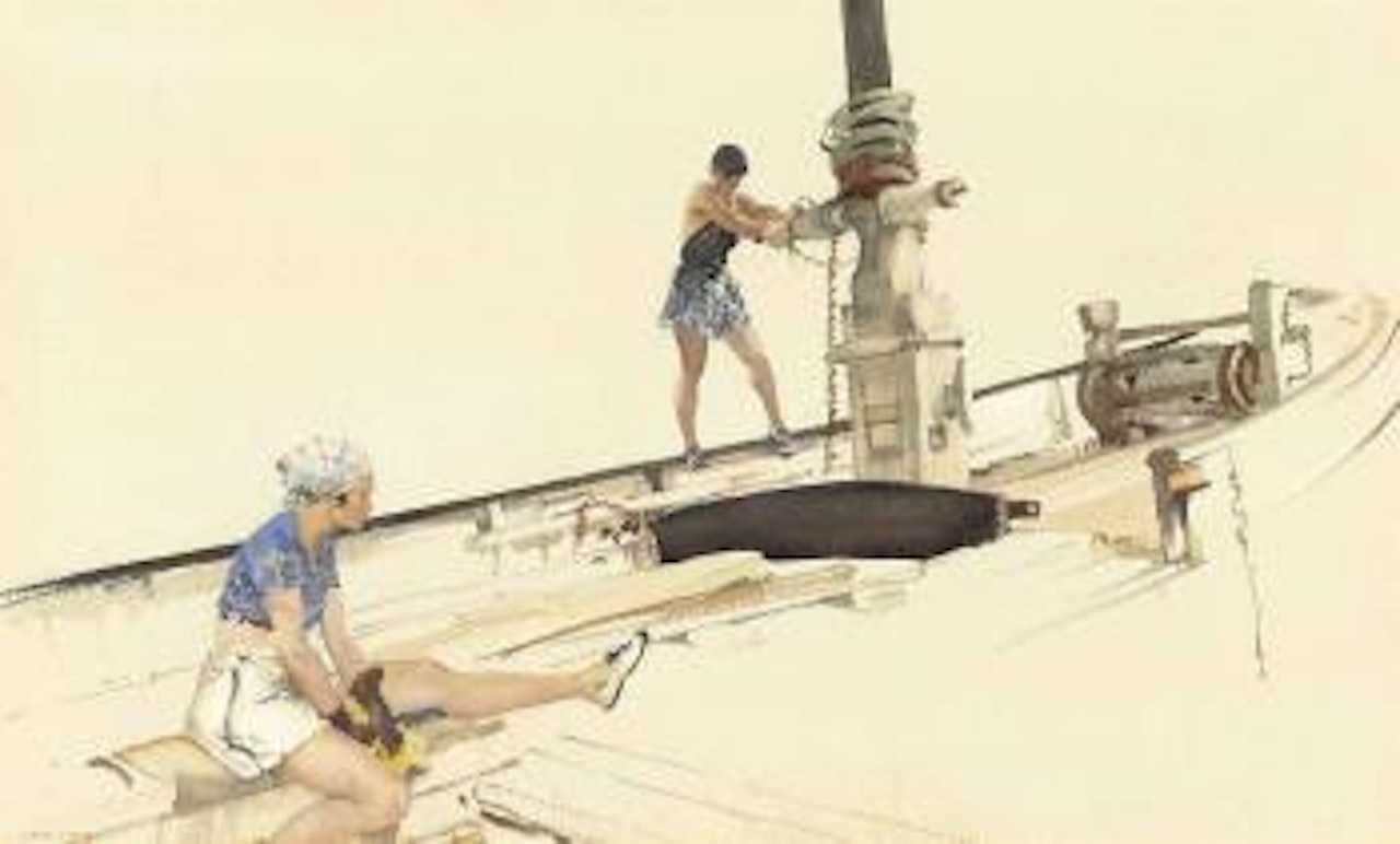 Two women washing the boat deck by William Russell Flint