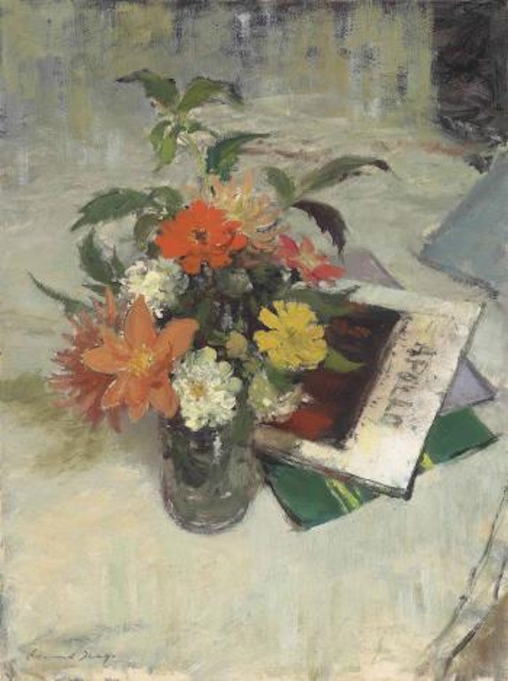 Dahlias and zinnias by Edward Seago
