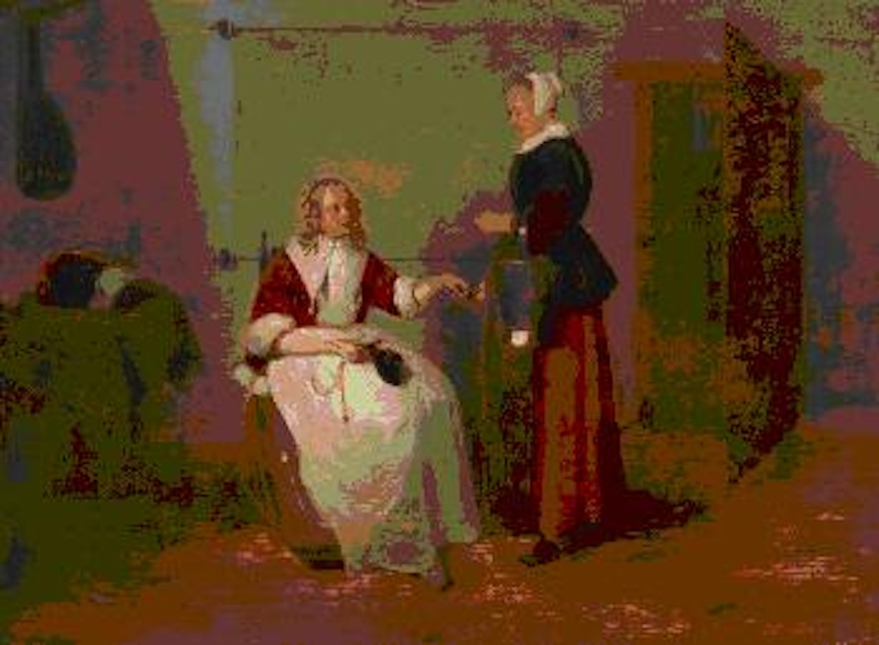 Junge Frau, ihrer Magd Geld gebend by Quirijn Gerritsz van Brekelenkam
