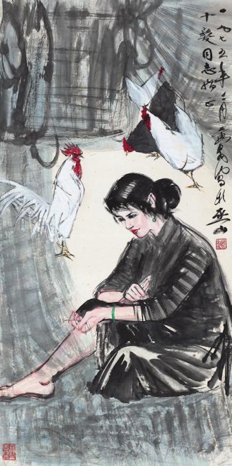 A Young Lady With Two Roosters by Huang Zhou