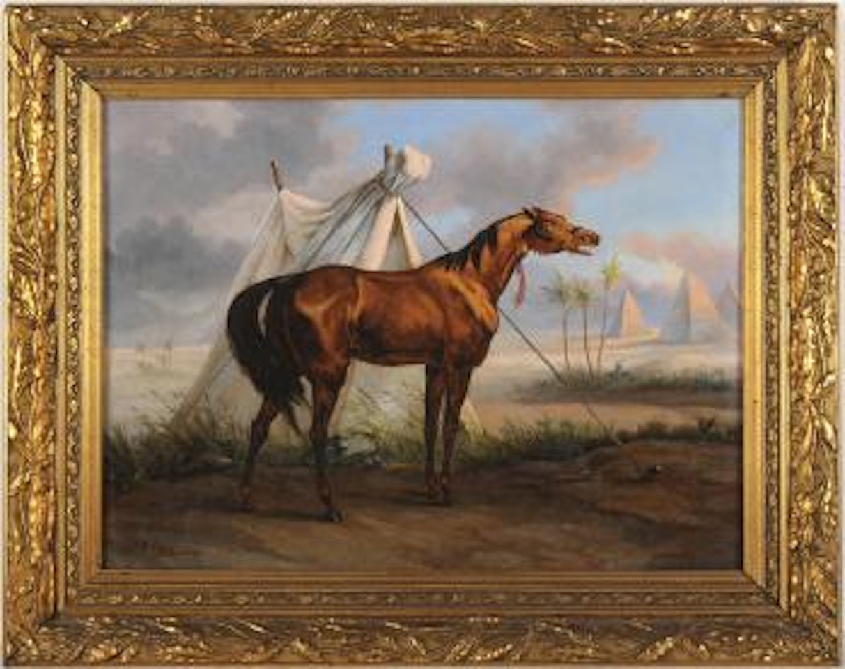 Wiehernder Araberhengst in ägyptischer Landschaft mit Pyramiden by Rudolf Ernst