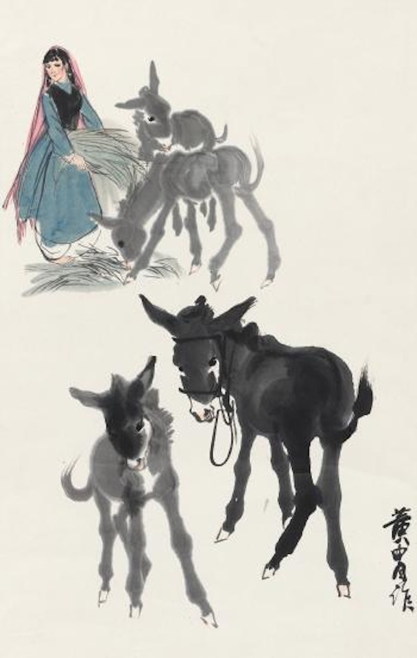 Donkeys And Young Lady by Huang Zhou