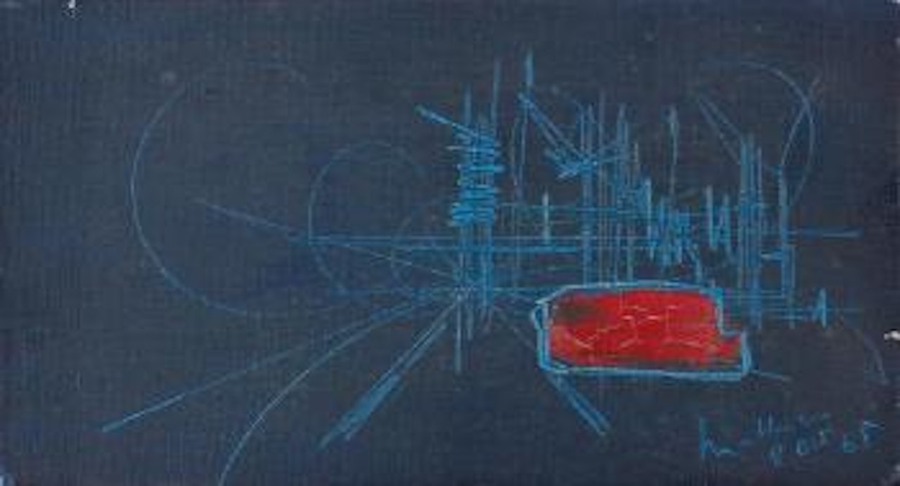 Composition en bleu et rouge sur fond bleu nuit by Georges Mathieu