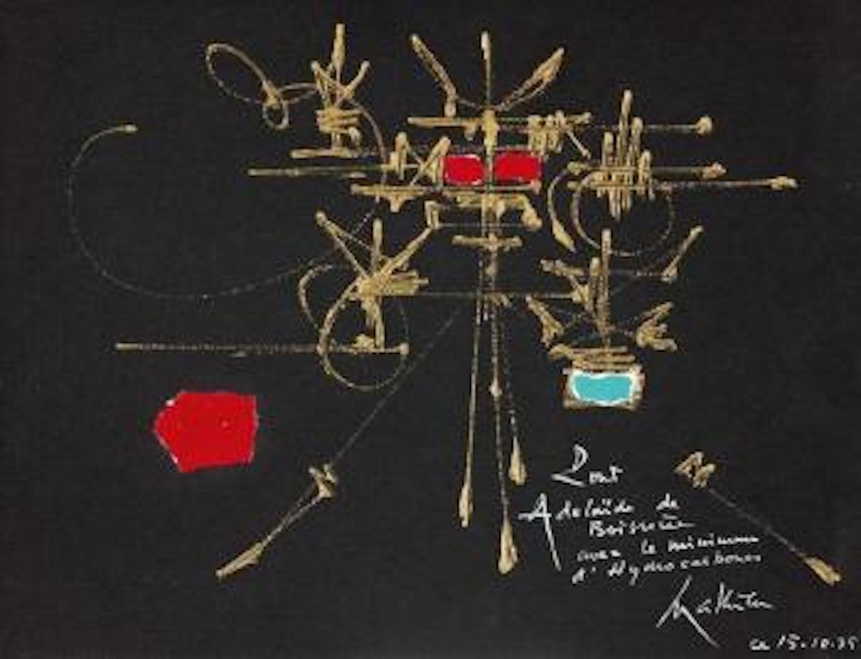 Composition à fond noir, motifs or, bleu et rouge by Georges Mathieu