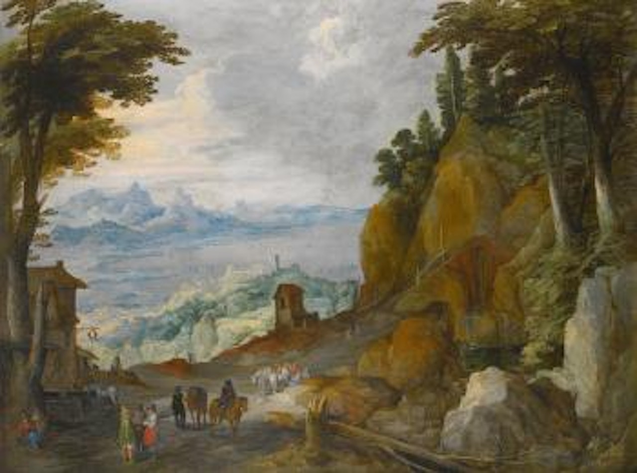 A Mountainous Landscape With Travellers On a Path, a Lake And Harbour Beyond by Joos de Momper the Younger