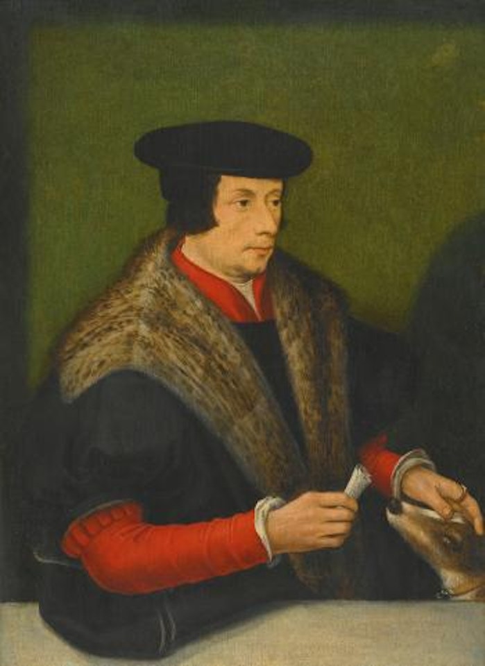 Portrait Of a Gentleman, Wearing a Black Hat, Leaning On a Stone Ledge And Patting a Hound by Flemish School