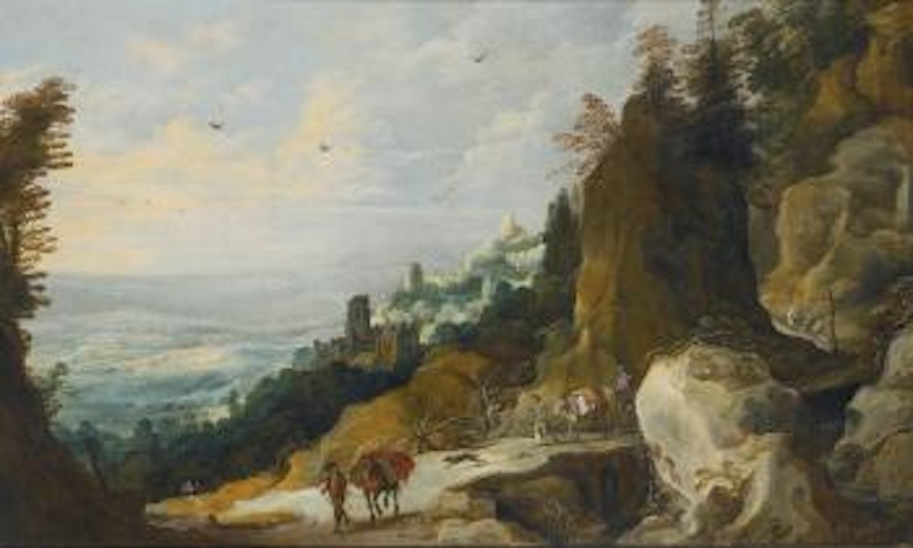 Muleteers On a Bridge In a Mountainous Landscape, a Village In The Distance by Joos de Momper the Younger