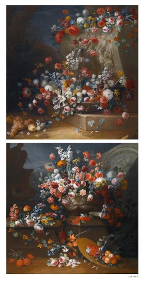An Outdoor Still Life With Flowers On a Fountain And On a Ledge; An Outdoor Still Life With Flowers In a Vase On a Ledge, a Straw Hat Filled With Fruit On The Floor by Gasparo Lopez