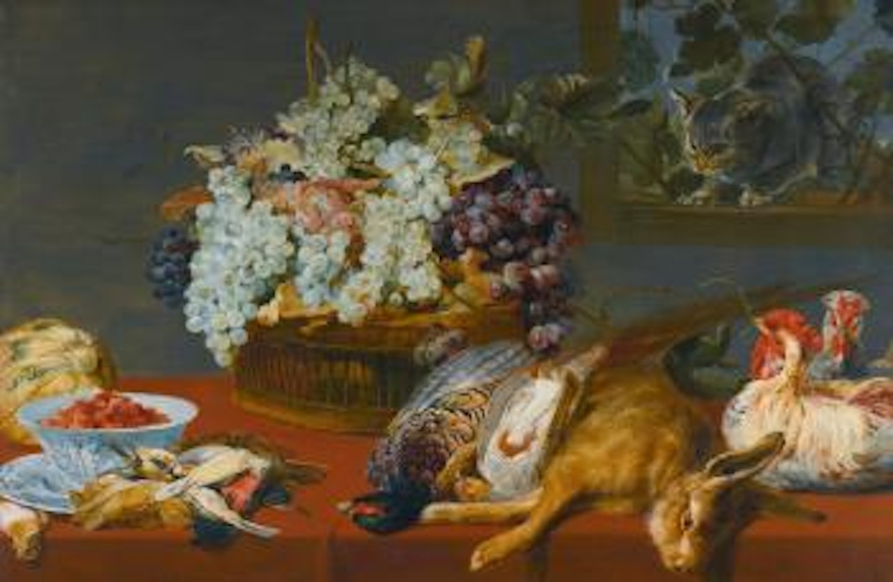 A Still Life Of Grapes In a Basket, Fraises De Bois In a Porcelain Bowl And a Melon, Together With Game, Songbirds And Two Chickens All Upon a Table Covered With a Red Cloth, a Cat At a Window Beyond by Frans Snyders