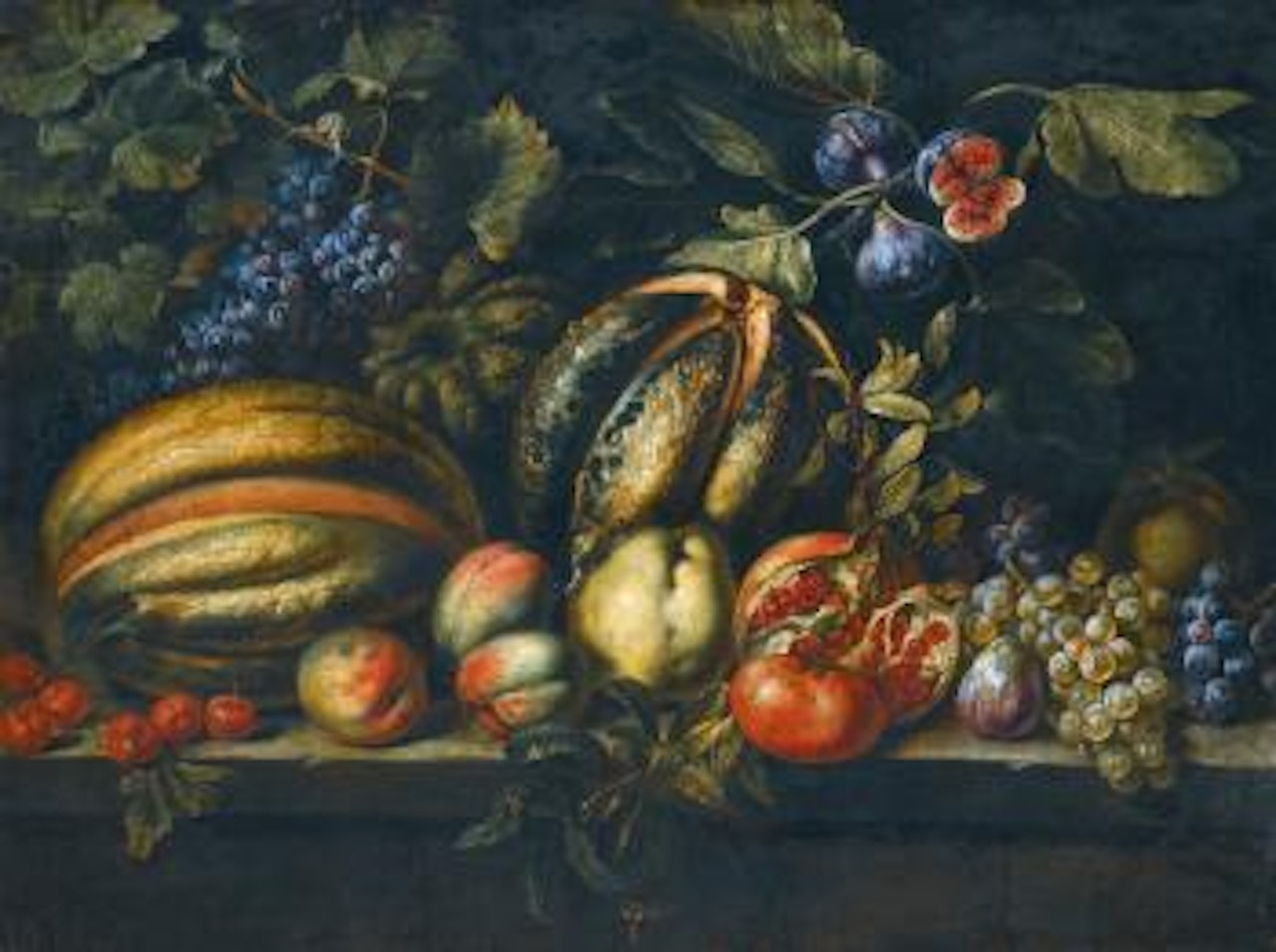 Still Life With Melons, Apples, Cherries, Figs And Grapes On a Stone Ledge by Roman School