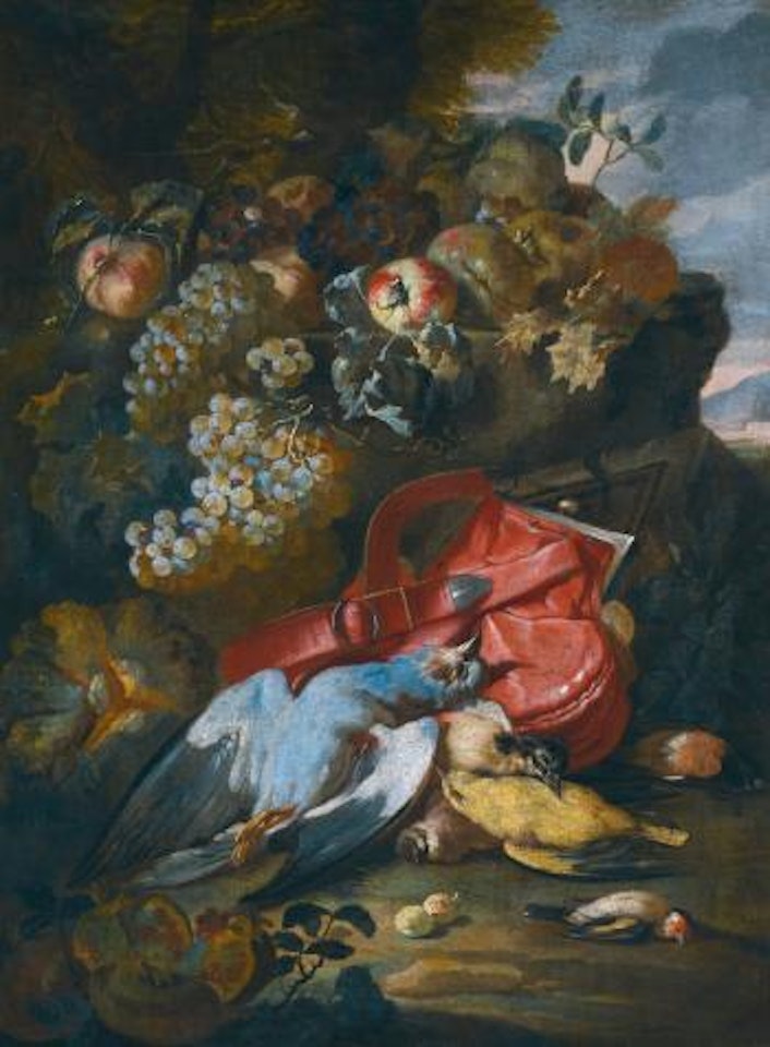 Still Life With a Pigeon, a Great Spotted Woodpecker, a Goldfinch, And a Melon, Grapes And Other Fruit In a Landscape by Michele Pace del Campidoglio