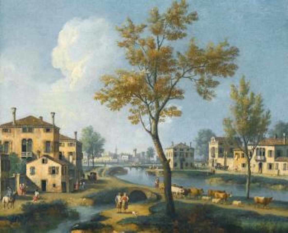 A Landscape At The Outskirts Of a Town With a Peasant Driving His Cattle Along a River Bank by Giovanni Battista Cimaroli