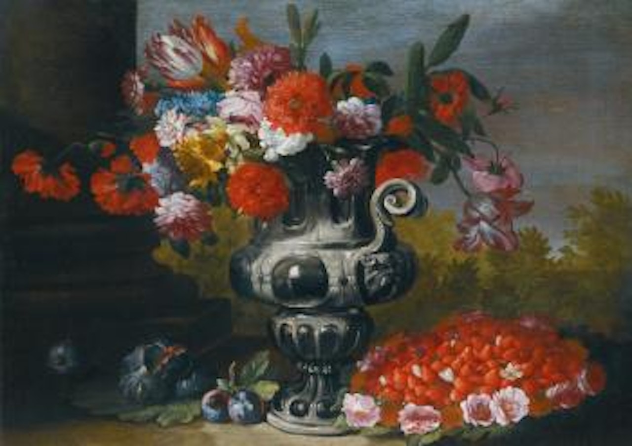Still Life With Tulips, Carnations, Daffodils And Other Flowers In a Metallic Urn On a Stone Ledge, With Figs, Plums And a Bowl Of Strawberries Below by Abraham Brueghel