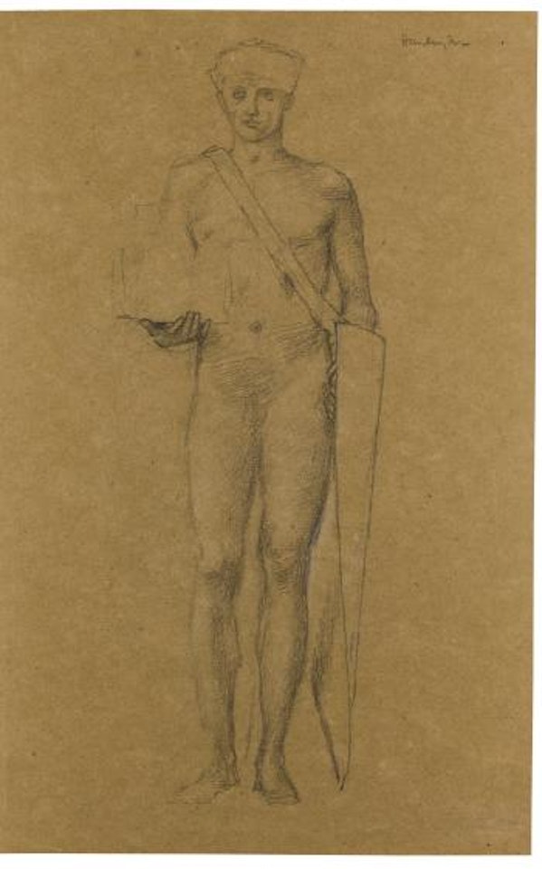 Study Of A Male Nude Holding A Sheild For The Figure Of David, Earl Of Huntingdon In A Stained Glass Window For Dundee Free Library by Edward Coley Burne-Jones