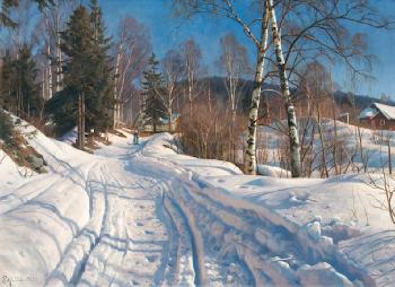 Solbelyst vinterlandskap by Peder Mork Monsted